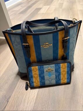 Coach Blue, Light Blue & Yellow Signature Stripe Tote with Wallet
